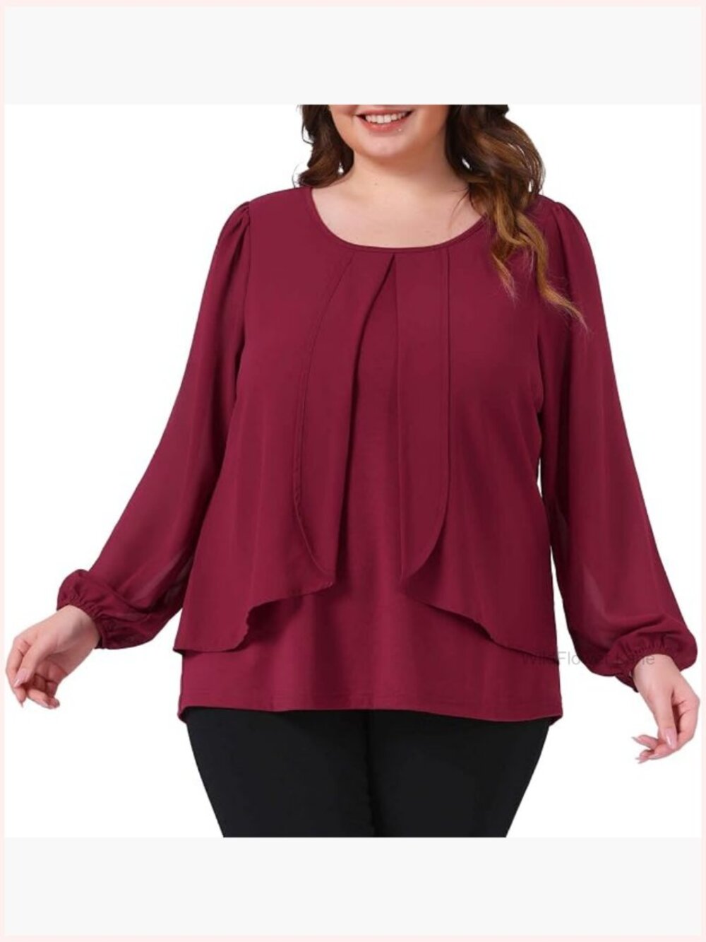 Plus Size Chiffon Blouse Crew Neck Layered Panel Flowy Long Sleeve Dressy Tunic